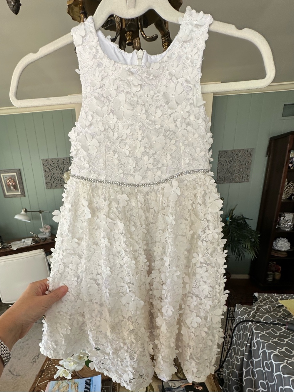 Badgley Mischka White Floral Lace Party o Flower Girl Dress with Rhinestone Trim